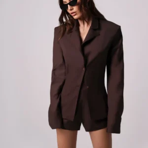 Paula shoulder-padded set in brown