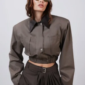 Raya shoulder padded kaki jacket with ostrich leather colar