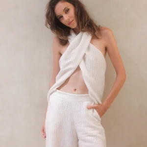 Riviera set in white textured knit with a soft semi- sherr finish